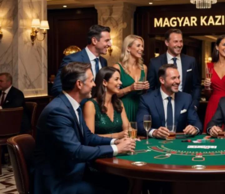 Stílusosan öltözött vendégek elegáns bár és blackjack asztalok mellett