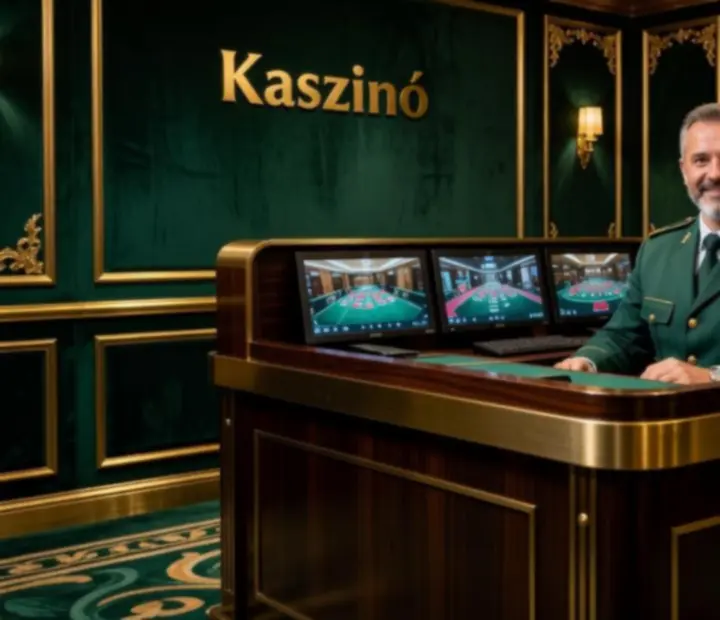 Elegáns kaszinó biztonsági pult és személyzet a Golden Vyra bejáratánál.