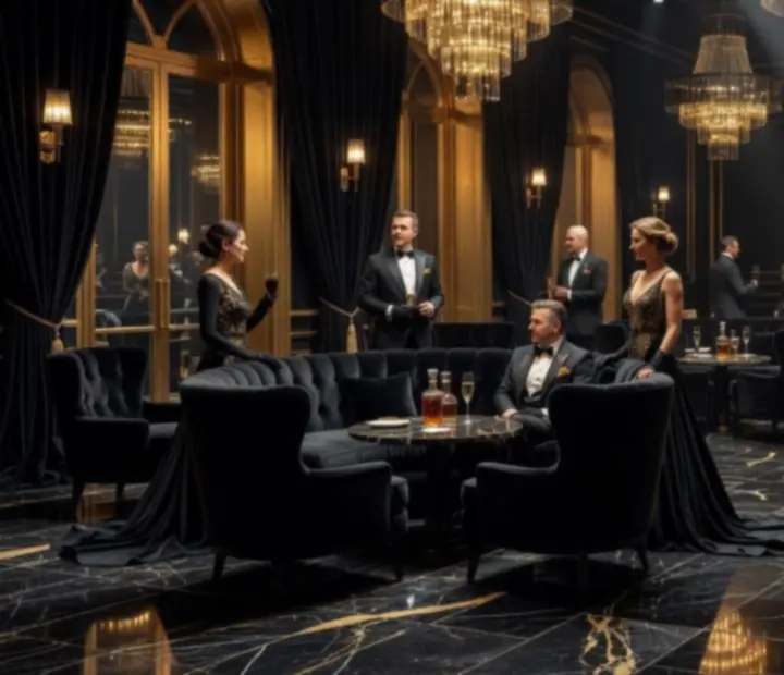 Luxus kaszinó lounge hangulatos, arany fényekkel megvilágított belső térrel a Golden Vyra-ban.